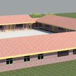 Computeranimation der Schule in Deuk in Kamerun mit drei Gebäuden und dem großen Schulhof in der Mitte.