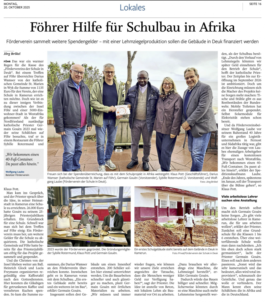 Zeitungsbeitrag zur Übergabe der Spendengelder.